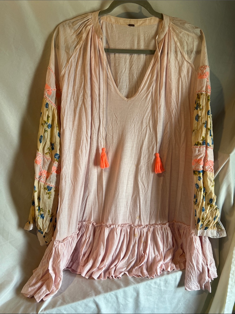 Free People Light Pink Peasant Tunic with Floral Sleeves